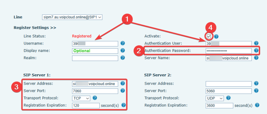 Machine generated alternative text:Line sipm7au voipcloud online@SIP1 v Register Settings > > Line Status: usemame: Display name: Realm: SIP server 1: Server Address: Server Port: Transport Protocol: Registration Expiration: Registered second(s) O Activate: Authentication uthentication Server Name: SIP server 2: User: Password : Server Address: Server Port: Transport Protocol: Registration Expiration: voipclouct online second(s) O 