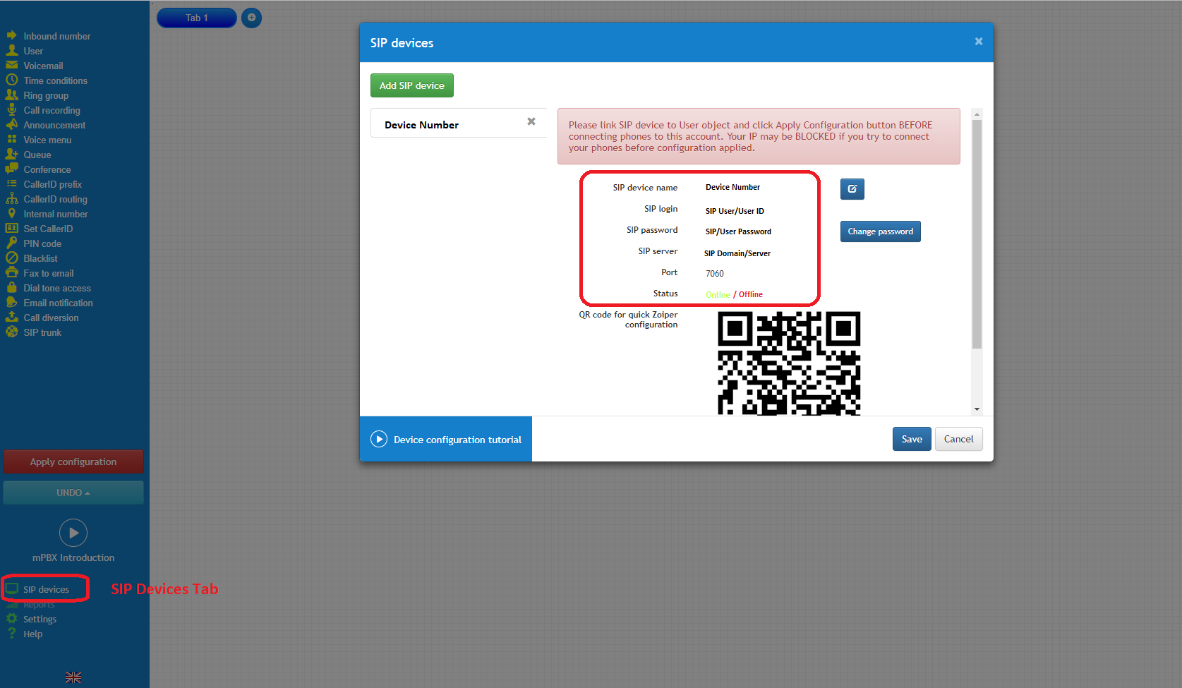 SIP device configuration